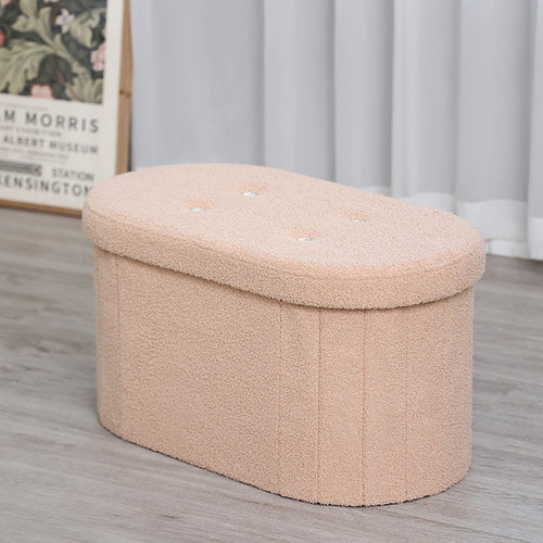 Elegant Oval-Shaped Storage Ottoman: Soft White Teddy Fleece Upholstery with 4 Sparkling Crystal Buttons for Home Decoration & Practical Use