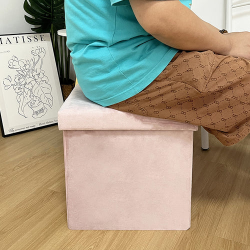15"×15"×15" Leather and High Dutch Flannel Fabric Storage Ottoman with Snap Buttons, Sturdy, Soft Comfort, Compact & Portable