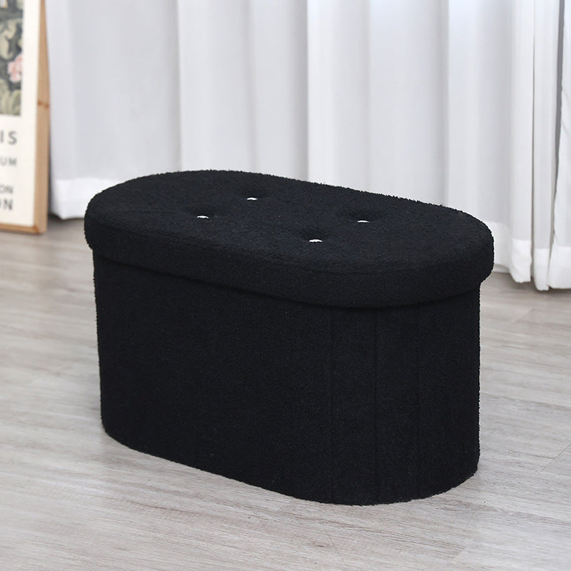 Elegant Oval-Shaped Storage Ottoman: Soft White Teddy Fleece Upholstery with 4 Sparkling Crystal Buttons for Home Decoration & Practical Use