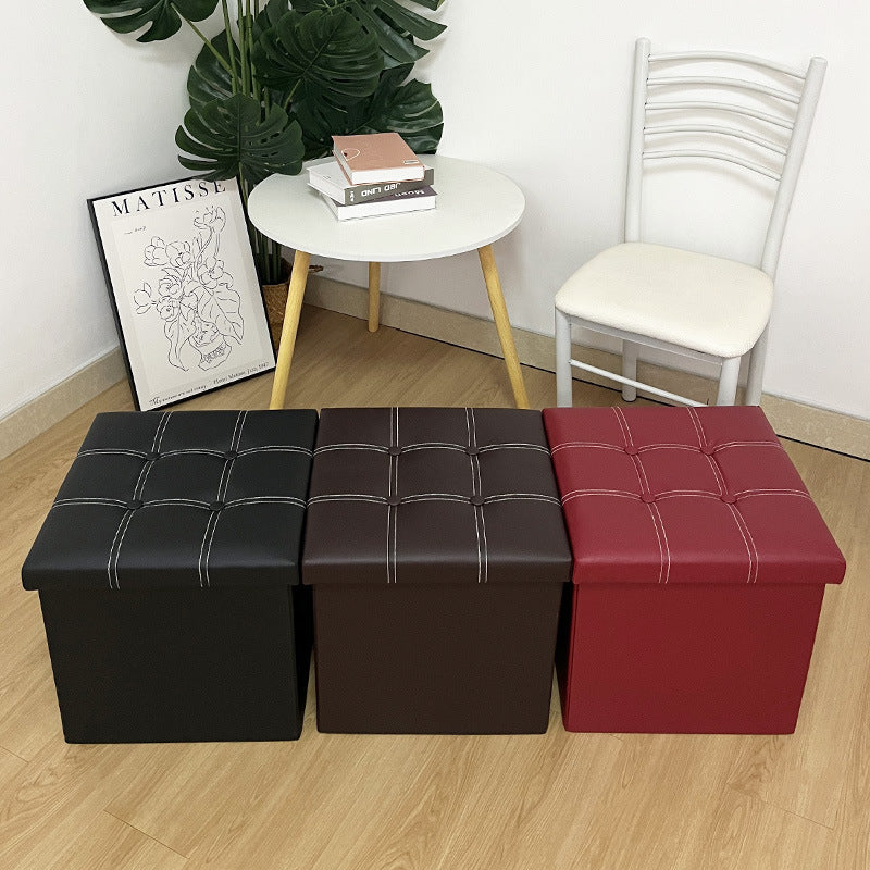 15"×15"×15" Leather Storage Ottoman - White Double Stitching, Snap Buttons, Sturdy, Soft Comfort, Compact & Portable