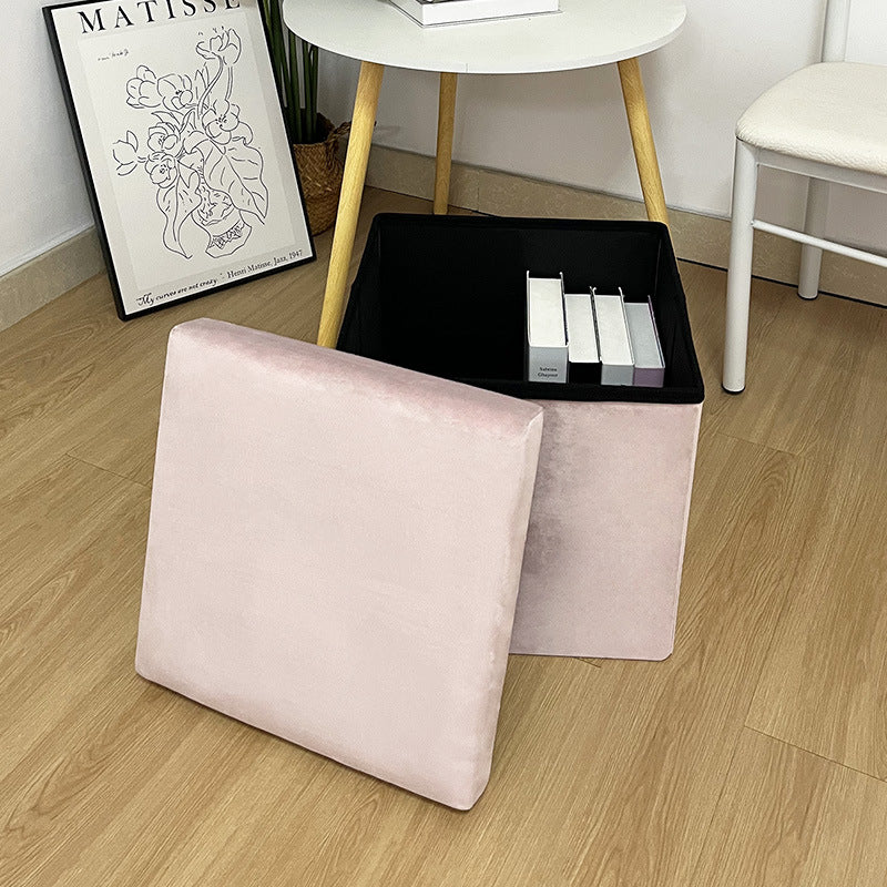 15"×15"×15" Leather and High Dutch Flannel Fabric Storage Ottoman with Snap Buttons, Sturdy, Soft Comfort, Compact & Portable