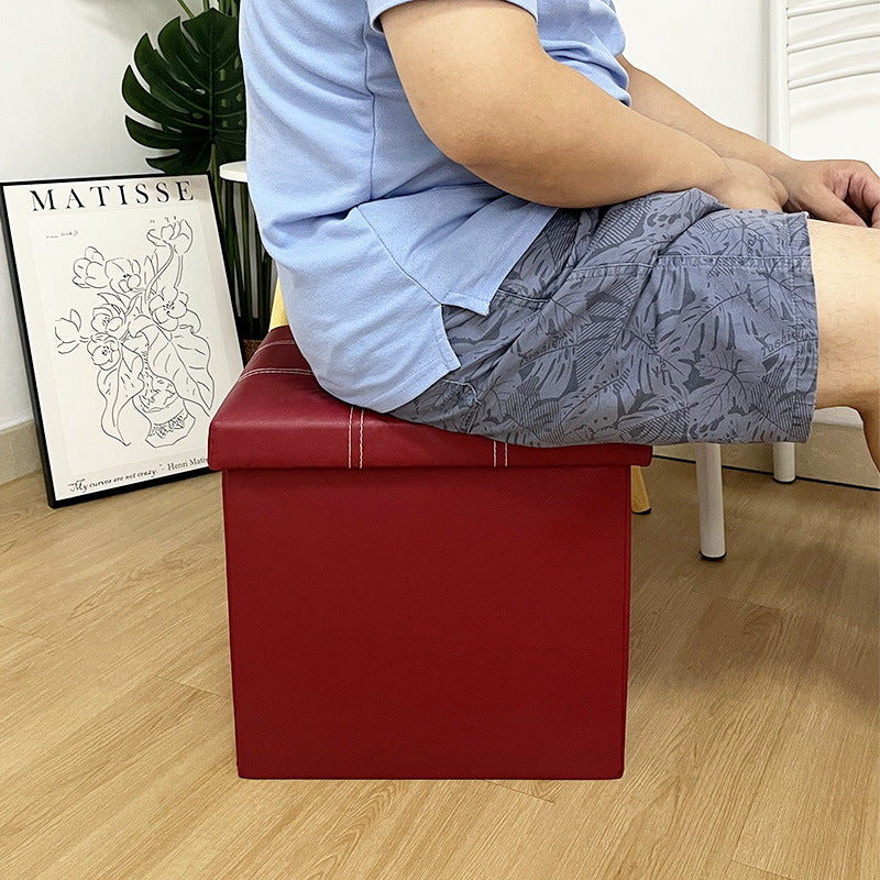 15"×15"×15" Leather Storage Ottoman - White Double Stitching, Snap Buttons, Sturdy, Soft Comfort, Compact & Portable