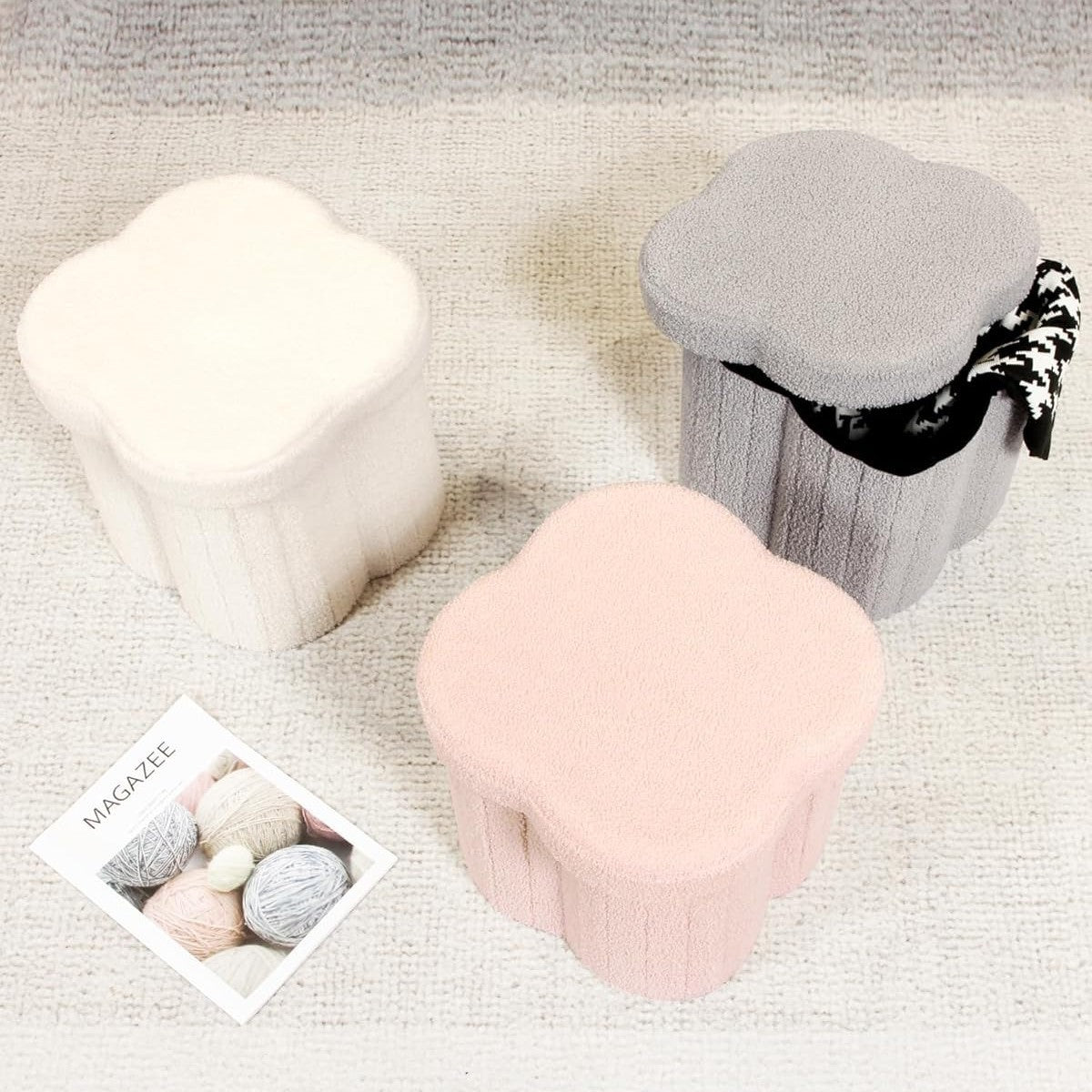 Soft Teddy Fleece Storage Stool with Clover Design – Durable Build, Effortless Folding & Quick Assembly for Living Room/Bedroom