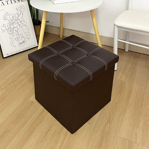 15"×15"×15" Leather Storage Ottoman - White Double Stitching, Snap Buttons, Sturdy, Soft Comfort, Compact & Portable