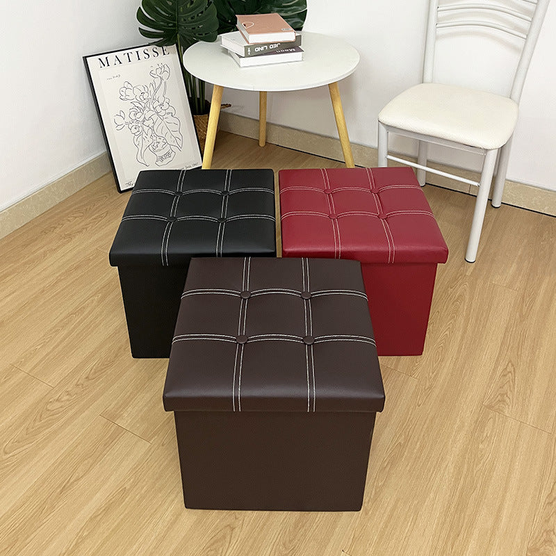 15"×15"×15" Leather Storage Ottoman - White Double Stitching, Snap Buttons, Sturdy, Soft Comfort, Compact & Portable