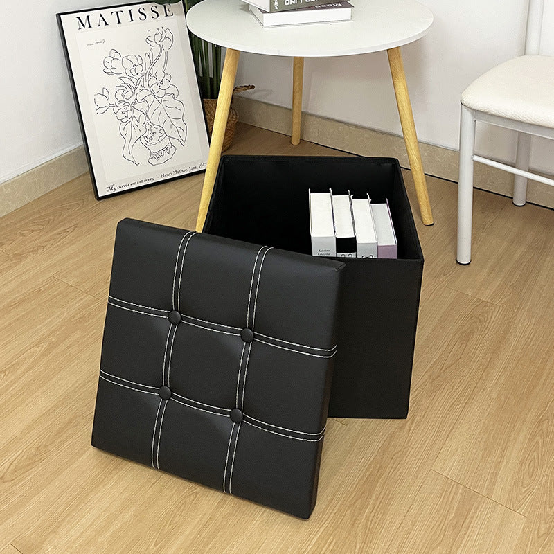 15"×15"×15" Leather Storage Ottoman - White Double Stitching, Snap Buttons, Sturdy, Soft Comfort, Compact & Portable