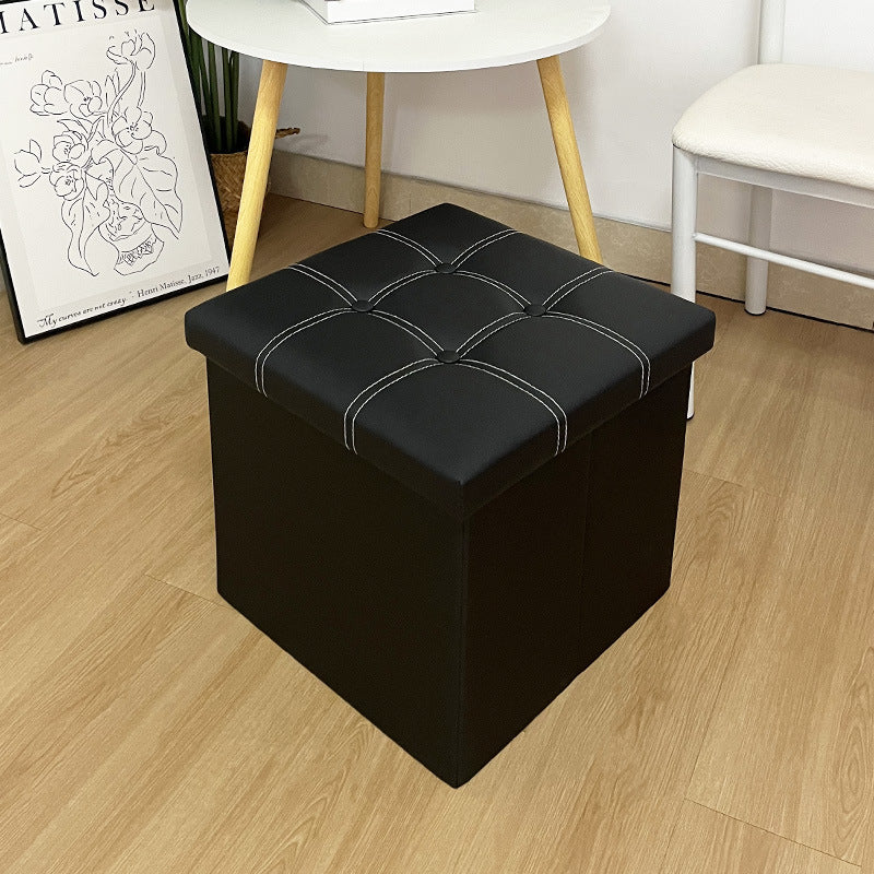 15"×15"×15" Leather Storage Ottoman - White Double Stitching, Snap Buttons, Sturdy, Soft Comfort, Compact & Portable