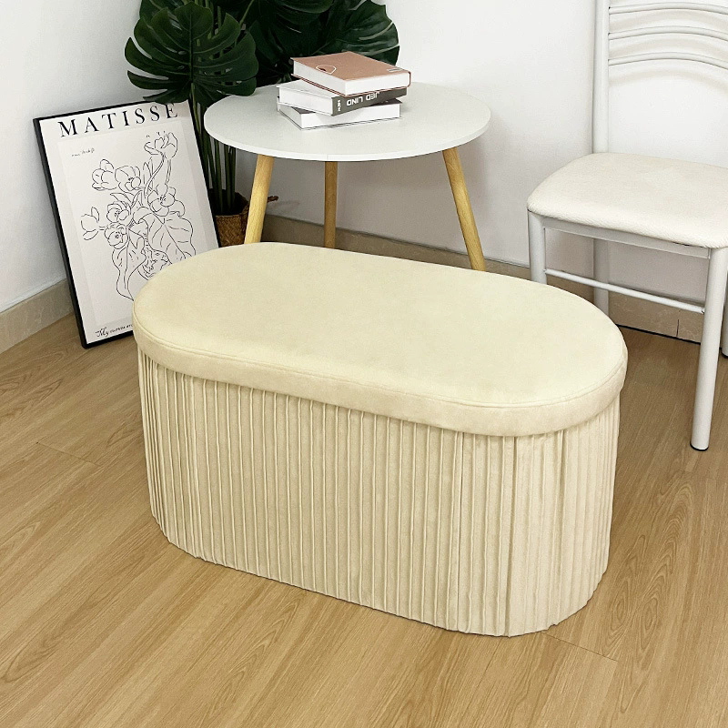 Portable Sturdy Oval Storage Stool - 30"×15"×15", Soft Dutch Velvet with Exquisite Pleating, Elegant Look, High Elasticity for Home Cozy Seating
