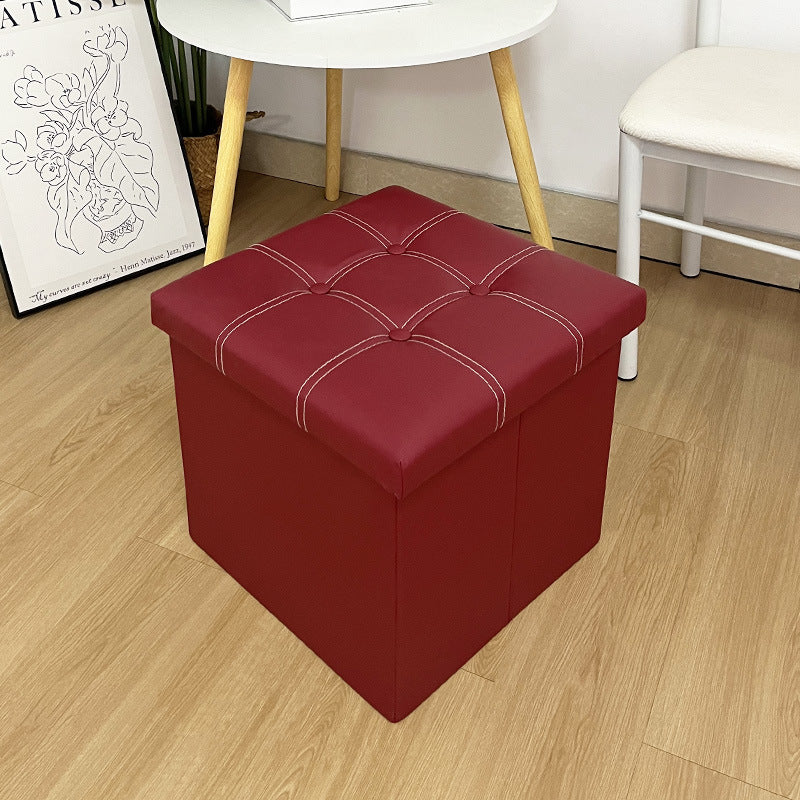 15"×15"×15" Leather Storage Ottoman - White Double Stitching, Snap Buttons, Sturdy, Soft Comfort, Compact & Portable