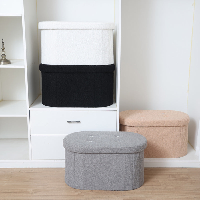 Elegant Oval-Shaped Storage Ottoman: Soft White Teddy Fleece Upholstery with 4 Sparkling Crystal Buttons for Home Decoration & Practical Use